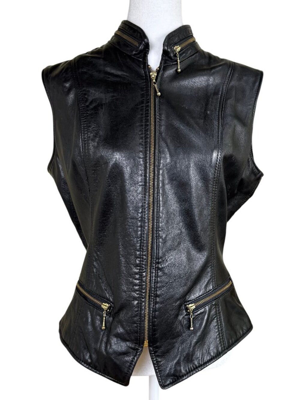 Vakko 90s Leather Vest Black Moto Gold Hardware Zip Front Fitted (S)